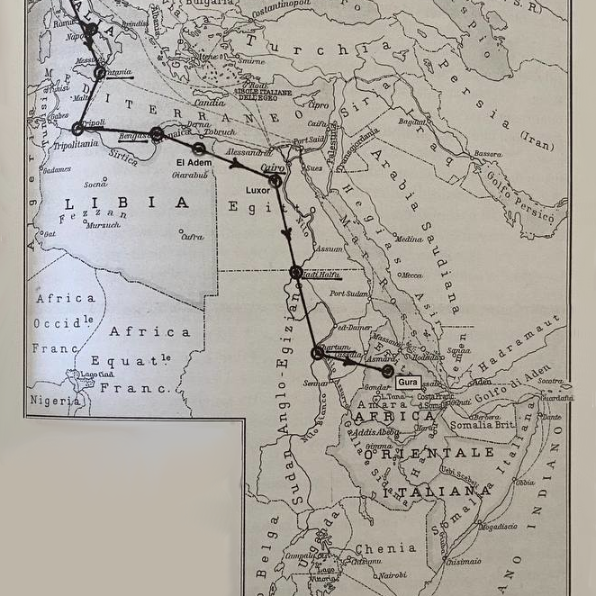 Qui tracciato il complesso itinerario seguito dalle tre ultime ondate di S.M.79 che, nel Maggio 1940, partendo da Reggio Emilia riuscirono a raggiungere l'Africa Orientale Italiana, atterrando in Eritrea