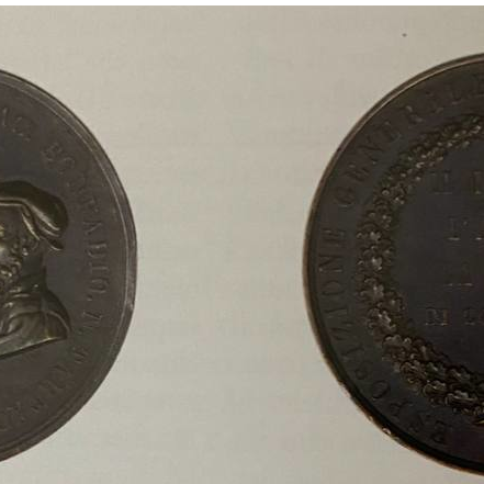 Le facce della bronzea medaglia conferita ad Antonio Maria Franzini dal Comune e dalla Camera di Commercio di Brescia nel 1857