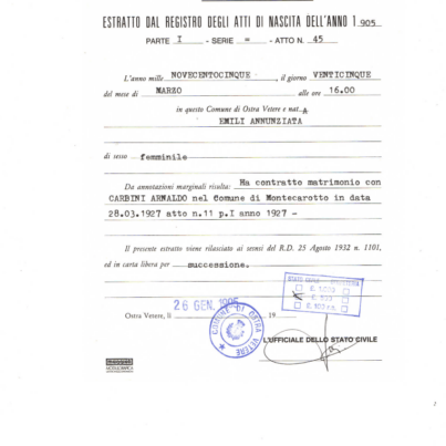1905-03-25-Atto di nascita di Emili Annunziara e annotazione del matrimonio con Carbini Arnaldo