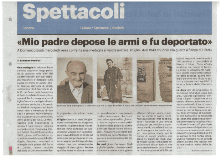 Articolo di giornale del Carlino per la premiazione alla Medaglia al Valore Militare