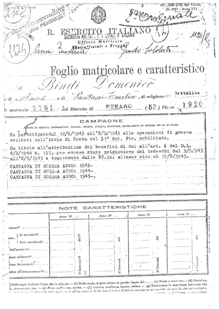 Foglio matricolare distretto di Pesaro Esercito di Bindi Domenico p1