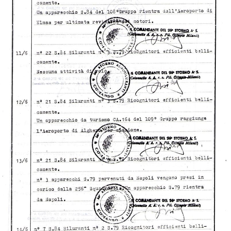 Pagine del Diario Storico 36° Stormo AS - 1942